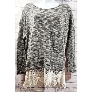 EZ Clothing Black White Knitted Sweater Top With Crochet Lace Trim Medium Soft